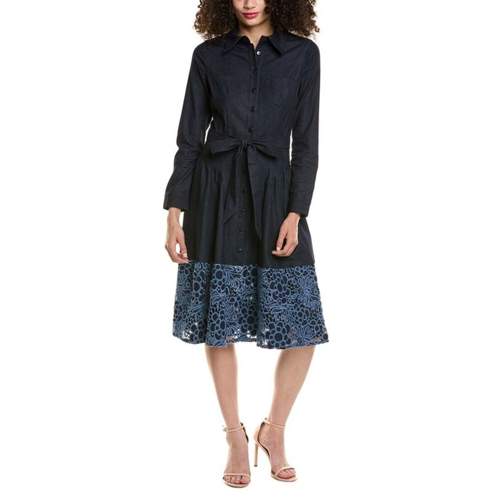 Teri Jon By Rickie Freeman Womens Denim Lace Shirtdress, Blue